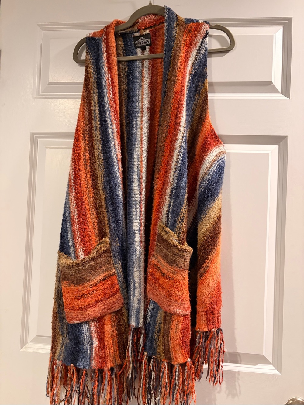 Angie Multi-Color Striped Fringe Knit Vest (Orange, Blue, Brown)
